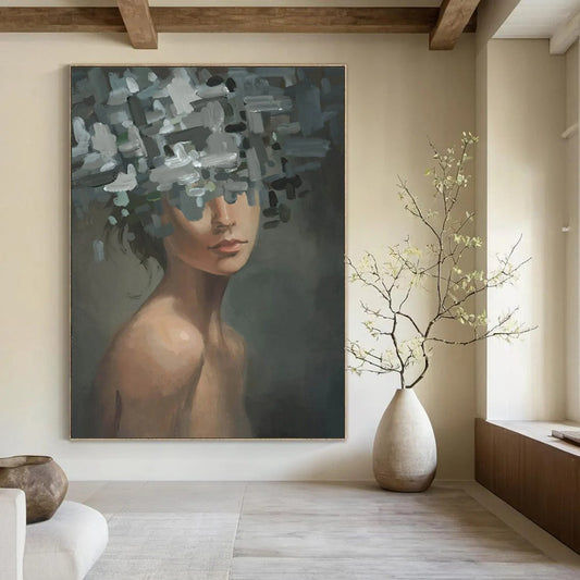 “Gray, Green, White Floral Head ‘Ethereal Veil’” - Figurative Flower Painting On Canvas DTP328