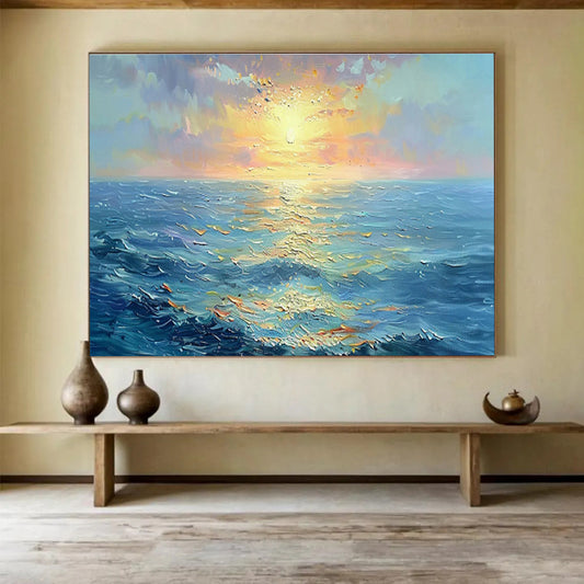 “Sunset Sea Sparkle” - Blue, Orange, Yellow Impressionistic Seascape Painting On Canvas DKH760