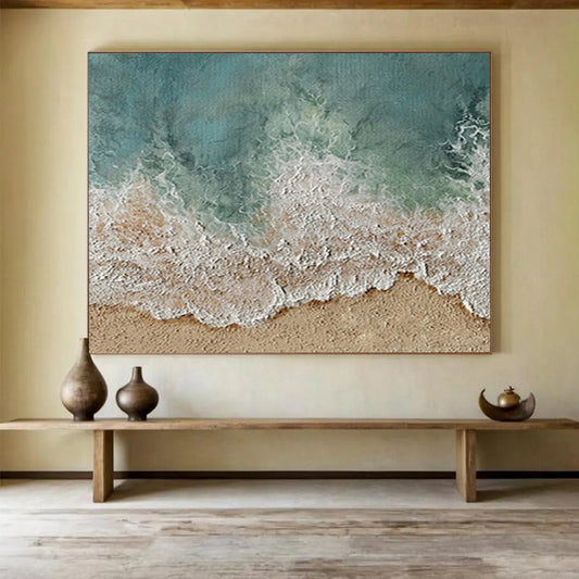 “Coastal Waves & Sands” - Turquoise, White & Beige Beach Scene Painting On Canvas DLZ252