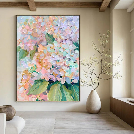 “Pastel Hydrangeas with Gold” – Impasto Floral Painting On Canvas CT2111