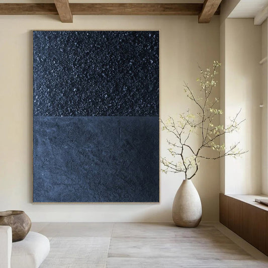 Two - Tone Black & Dark Blue - Minimalist Textured Painting On Canvas DKH1247