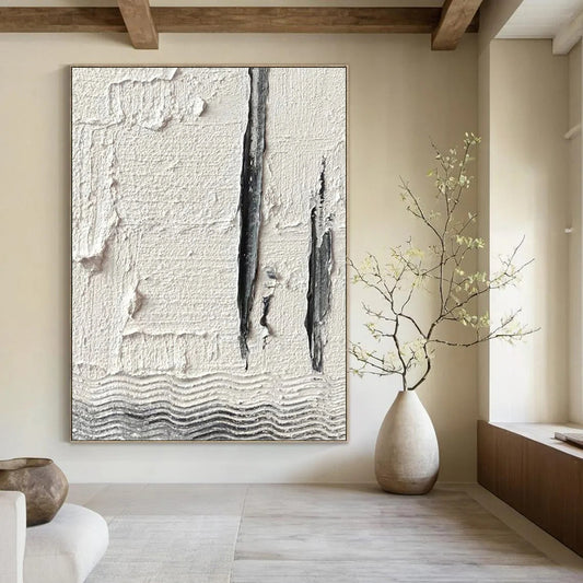 “White, Gray Textured Lines ‘Subtle Structure’” - Impasto Abstract Painting On Canvas DTP371