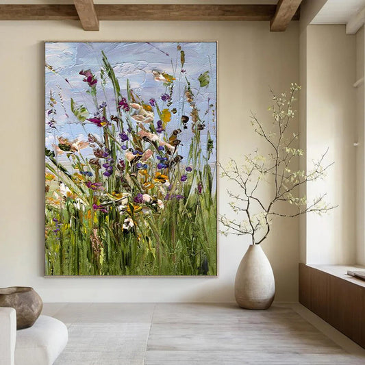 “Colorful Wildflower Impasto” - Purple, Yellow & Green Floral Painting On Canvas DKH0947