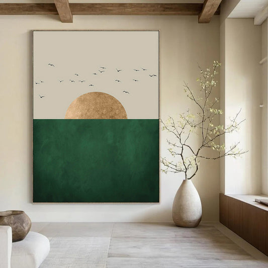 Golden Sun Green Horizon Black Birds Minimalist Nature Inspired Art CT1921