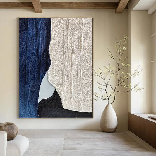 “Indigo & Ivory” - Indigo, Ivory & Black Textured Abstract Shapes Painting On Canvas DKH1547