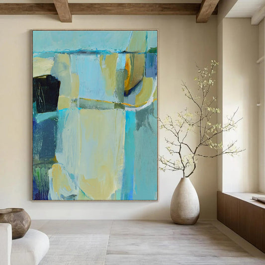 Soft Blue & Beige Abstraction - Abstract Expressionist Acrylic On Canvas CT1308
