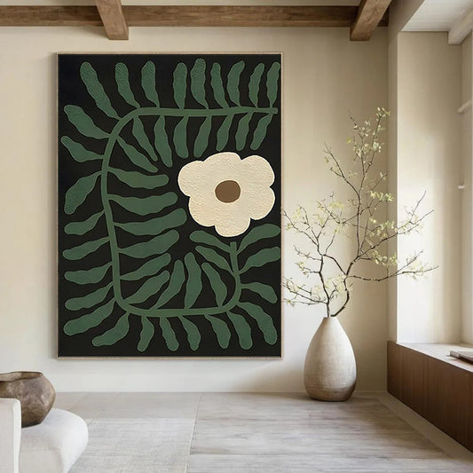 “Green - Leafed and White - Flowered Abstract” - Nature - Inspired Painting On Canvas DKH1115