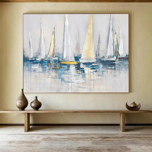 “Sailing in Style” - White, Gold & Blue Nautical Painting On Canvas DLZ257