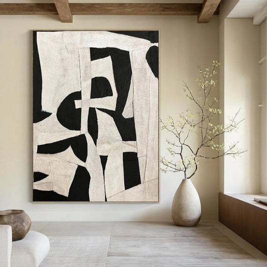 Black and White Patchwork - Abstract Shapes Painting On Canvas DKH1137