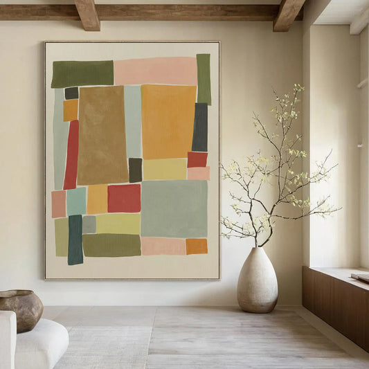 “Pastel Geometric Collage” - Pink, Green & Blue Minimalist Painting On Canvas DKH0964