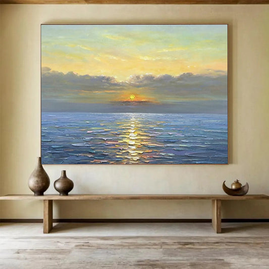 Sunset Over Ocean - Warm Yellow, Orange & Blue Seascape Painting On Canvas DKH883