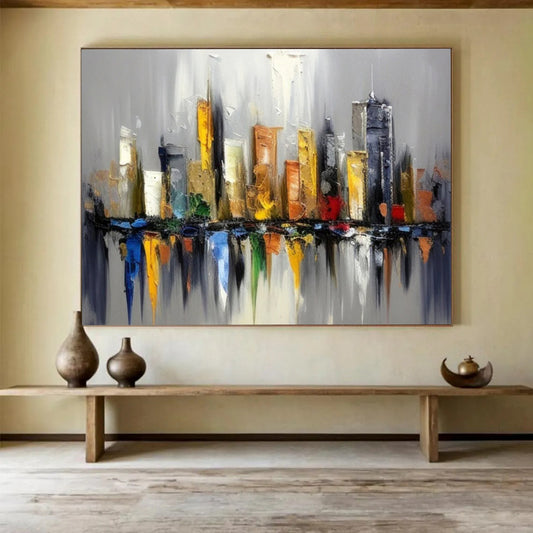 “Colorful Cityscape Reflection” Cityscape Painting On Canvas DLZ067