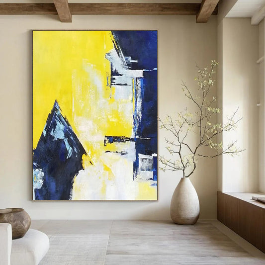 Vibrant Yellow, Blue & White Geometric Abstraction - Abstract Painting On Canvas CT2304