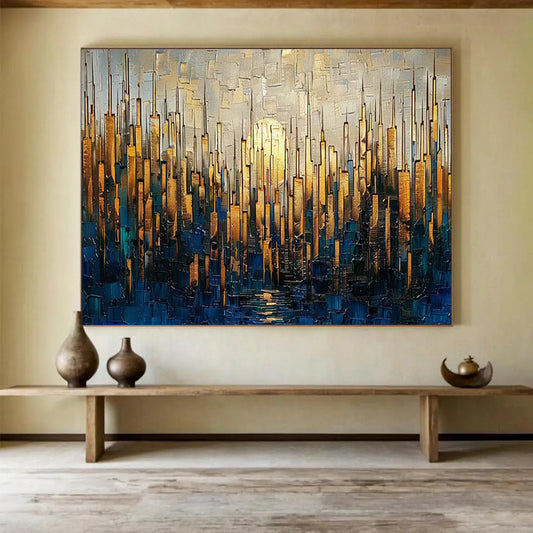 Golden Cityscape at Sunset - Textured Urban Landscape Painting On Canvas DLZ172