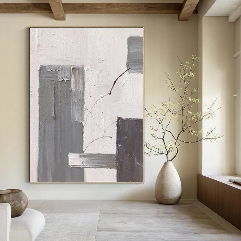 “Gray, White, Brown Minimalist ‘Subtle Stories’” - Abstract Impasto Painting On Canvas DTP396