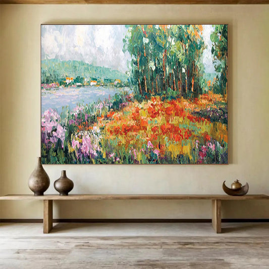 Colorful Riverbank Flowers - Impressionist Landscape Painting On Canvas DLZ228