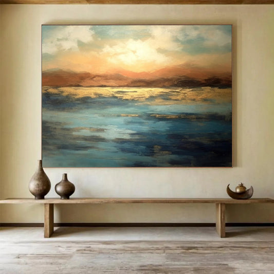 “Sunset - Hued Lake And Mountains” Landscape Painting On Canvas DLZ066