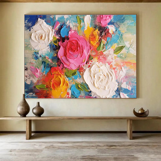 Textured Flower Bouquet - Pink, White, Yellow & Blue Floral Painting On Canvas DKH884