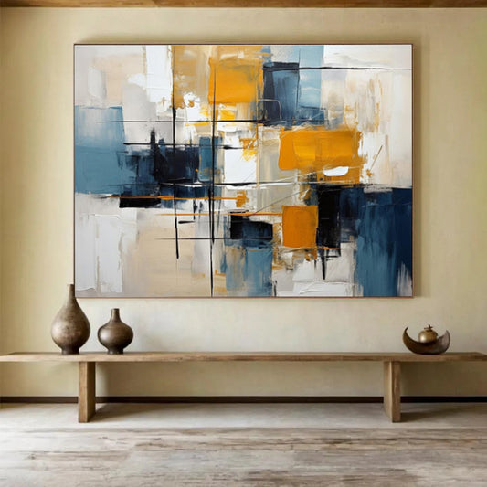 Abstract Geometric Blocks in Yellow and Blue Painting On Canvas DKH183
