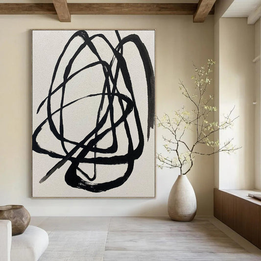 “Black Tangled Lines on White” – Expressive Abstract Painting CT1116