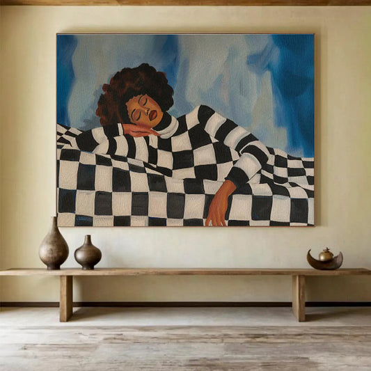 Woman on Checkered Couch Serene Portrait Painting On Canvas DKH225
