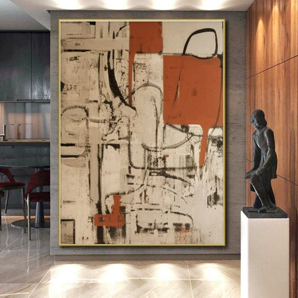 “Beige - Black - Orange Abstract Networks” ,Abstract Oil Painting CT0835