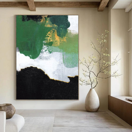 “Green, Gold & Black Abstract Layers” - Green, Gold, Black & White Abstract Painting On Canvas DKH1222