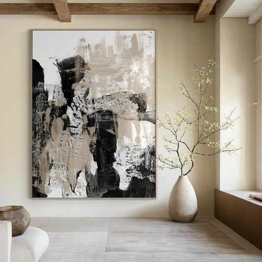 “Monochrome Abstract Strokes” - Black, White & Beige Textured Painting On Canvas DKH0966