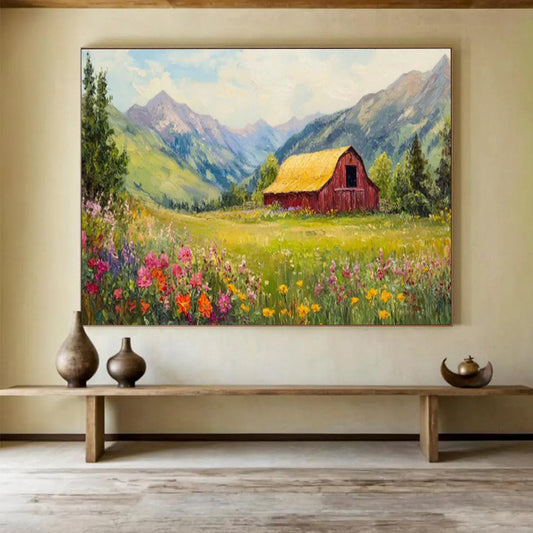 “Mountain Barn Paradise” - Green, Yellow, Pink Landscape Oil Painting On Canvas DKH727