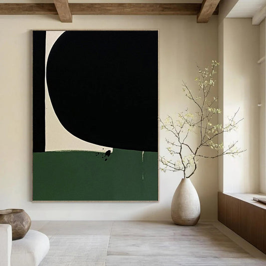 “Black, White & Green Minimalist” - Black, White & Green Minimalist Abstract Painting On Canvas DKH1214