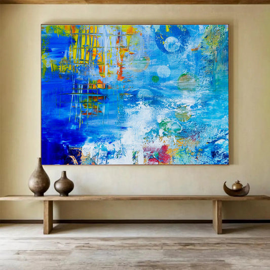 “Blue Abstract with Colorful Elements” Abstract Expressionist Painting On Canvas DKH439