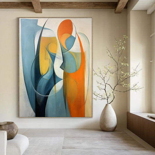 “Abstract Figures 1” - Blue, Orange & White Abstract Painting On Canvas CT2233