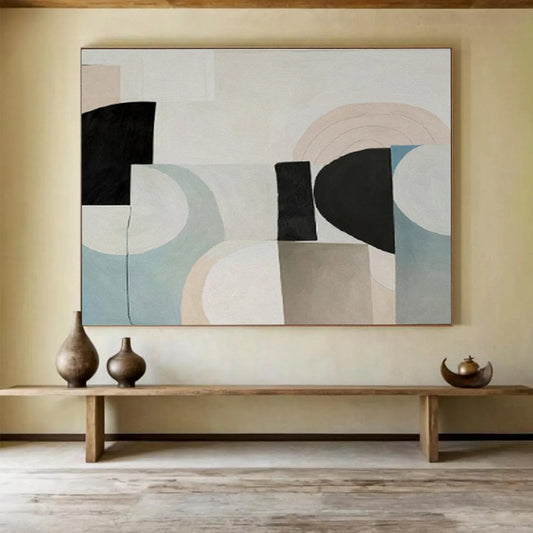 Pastel Geometric Harmony with Beige, Blue, and Black, Abstract Mid - Century - Style Painting On Canvas DKH583