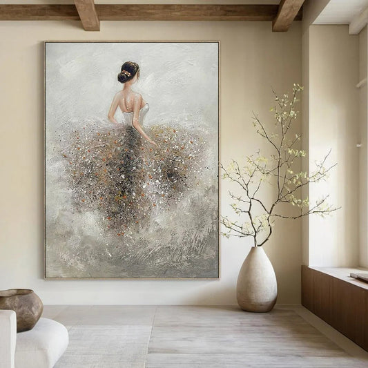 “Ballerina in Sparkling Skirt” - Gray & White Figurative Painting On Canvas CT2208