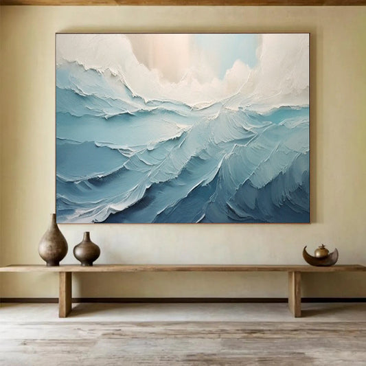 Blue and White Textured Waves - Impasto Seascape Painting On Canvas DLZ227