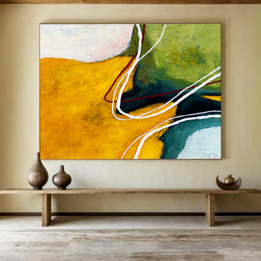 “Yellow - Green with Curved Lines” Abstract Acrylic Painting On Canvas DKH551