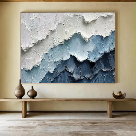 3D Textured Mountain Ranges - Blue and White Impasto Layers Painting On Canvas DKH049