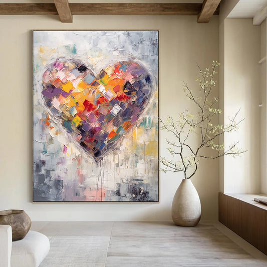 Colorful Patchwork Heart, Abstract Background - "Heart of Many Colors" - Impasto Symbolist Painting CT1840