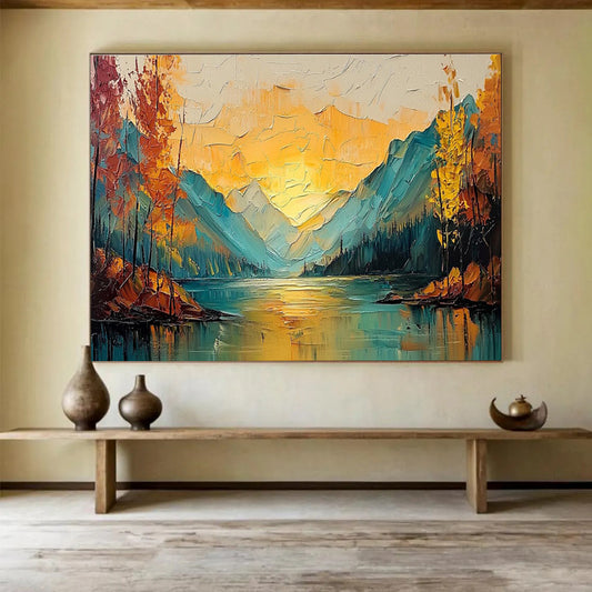 Mountain Sunset Lake - Orange, Blue & Yellow Landscape Painting On Canvas DKH907