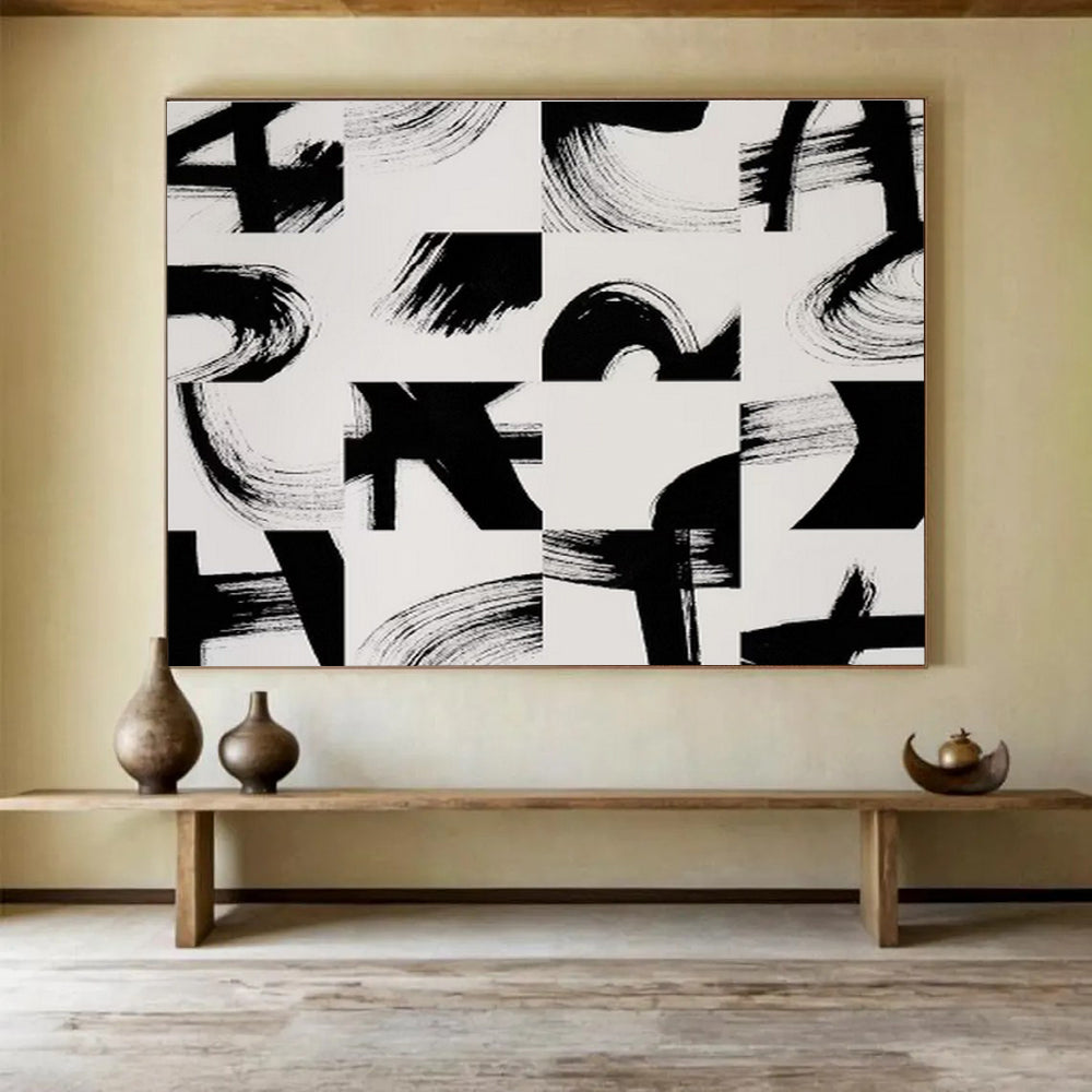 “Black - White Brush Strokes” Abstract Minimalist Painting On Canvas DKH447