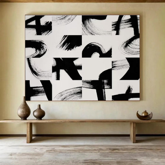 “Black - White Brush Strokes” Abstract Minimalist Painting On Canvas DKH447