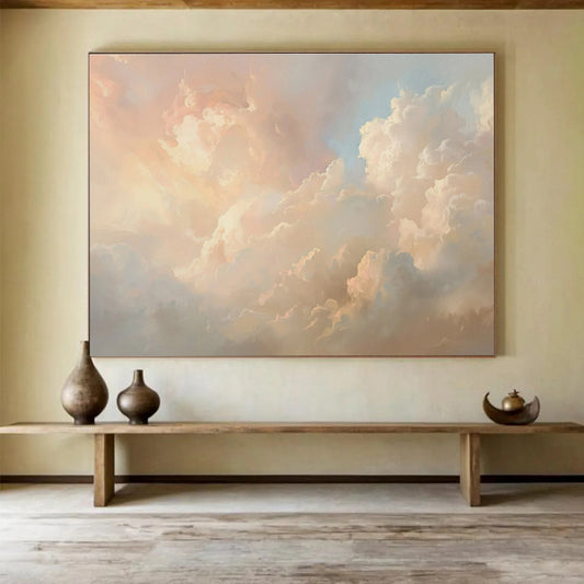 Heavenly Clouds Pink Beige Cloud Filled Sky Painting On Canvas DKH209