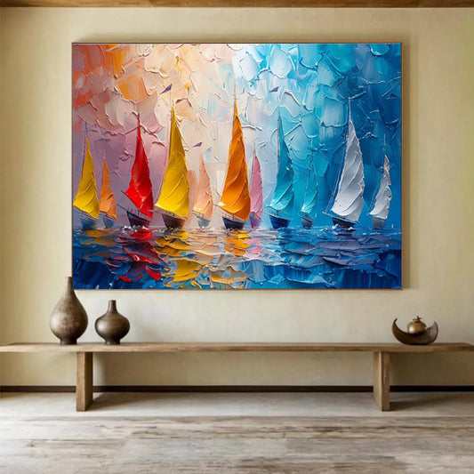 “Colorful Sailboats on Textured Sea” - Energetic Marine Painting On Canvas DKH800
