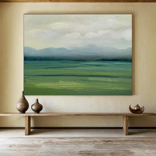 Muted Green and Gray Landscape “Misty Mountain Vista” Painting On Canvas DKH101