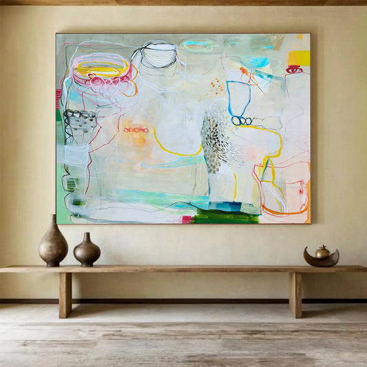 Mixed - Color Abstract with Linear Elements “Whimsical Line Play” Painting On Canvas DKH071