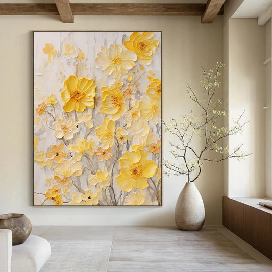 “Yellow Floral Relief” - Yellow, White, Gray Textured Floral Painting On Canvas DTP289