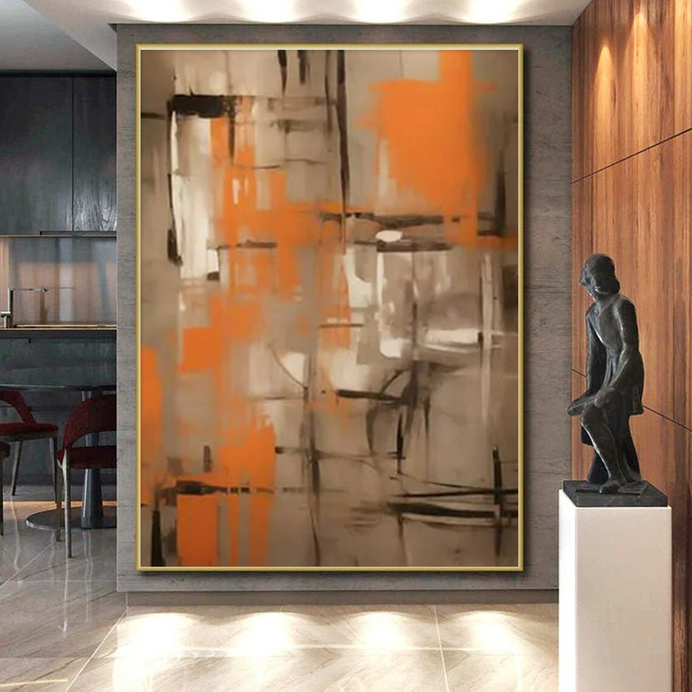 “Orange - Gray Abstract Grid” ,Abstract Acrylic Painting CT0816
