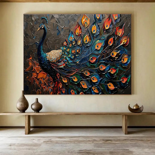 “Textured Peacock with Vivid Plumage” - Ornate Animal Painting On Canvas DKH807