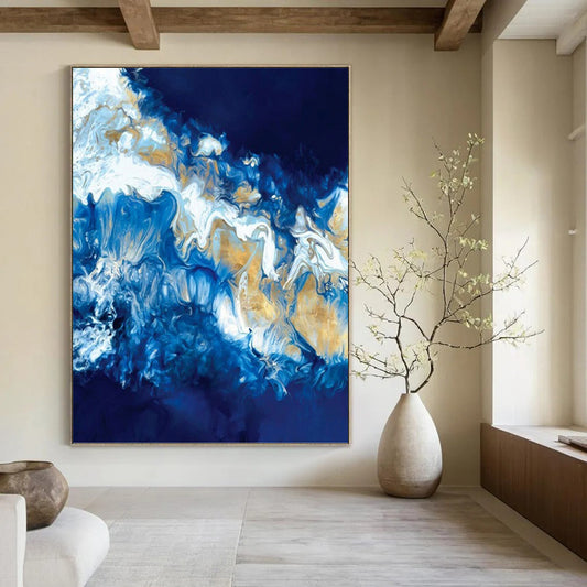 “Blue & Gold Fluid Art” - Abstract Resin - Like Painting On Canvas DKH1650