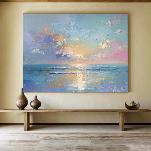 “Vibrant Seascape: Colorful Sunset Over Ocean” Impasto Oil Painting On Canvas DKH363